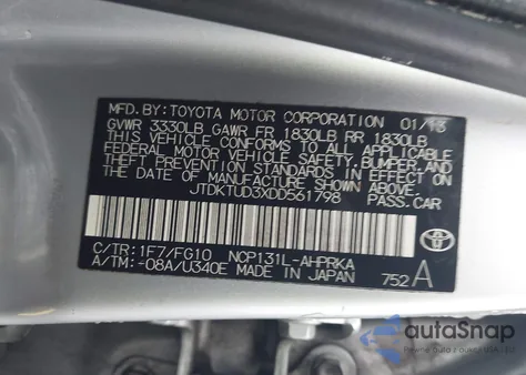2013 Toyota Yaris Le из США, поврежденный, VIN JTDKTUD3XDD561798